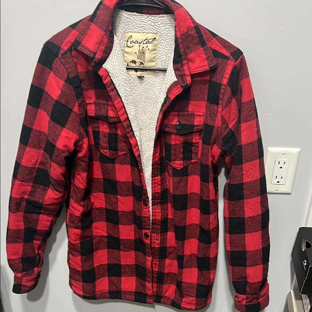 Red and Black Jean Jacket with Classic Plaid Pattern